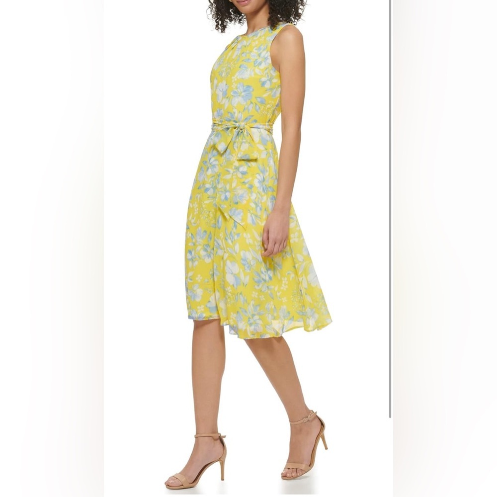 Yellow Floral Midi Dress with Tie Waist
